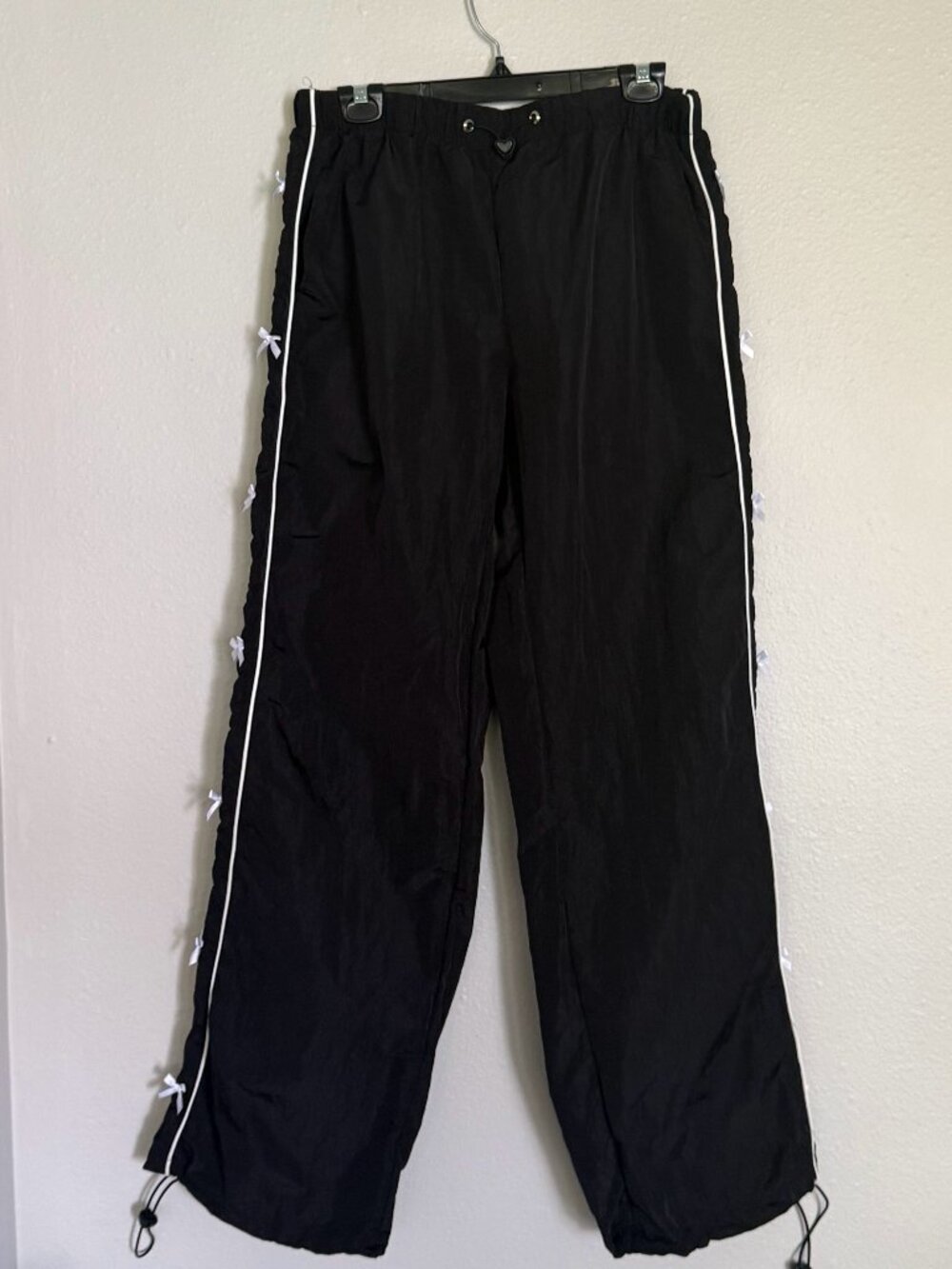 Coco & Shay Black Nylon Parachute Pants White Ribbon Bows XL